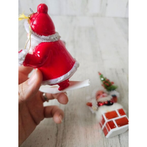 Vintage flocked Santa skier plastic chimney tree ornament beaded Xmas Santa with - Picture 4 of 15